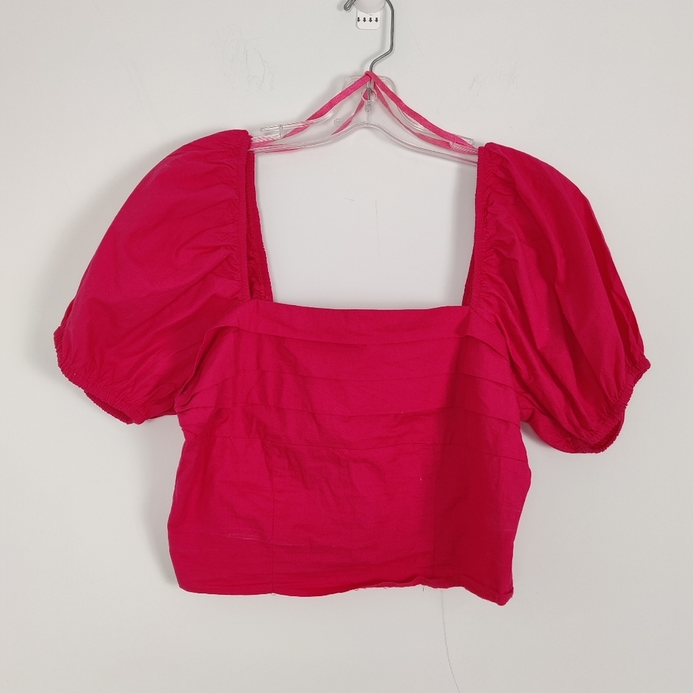 Sim & Sam Women's Pink Puff Sleeve Crop Top - Size XL Square Neck Smocked NEW